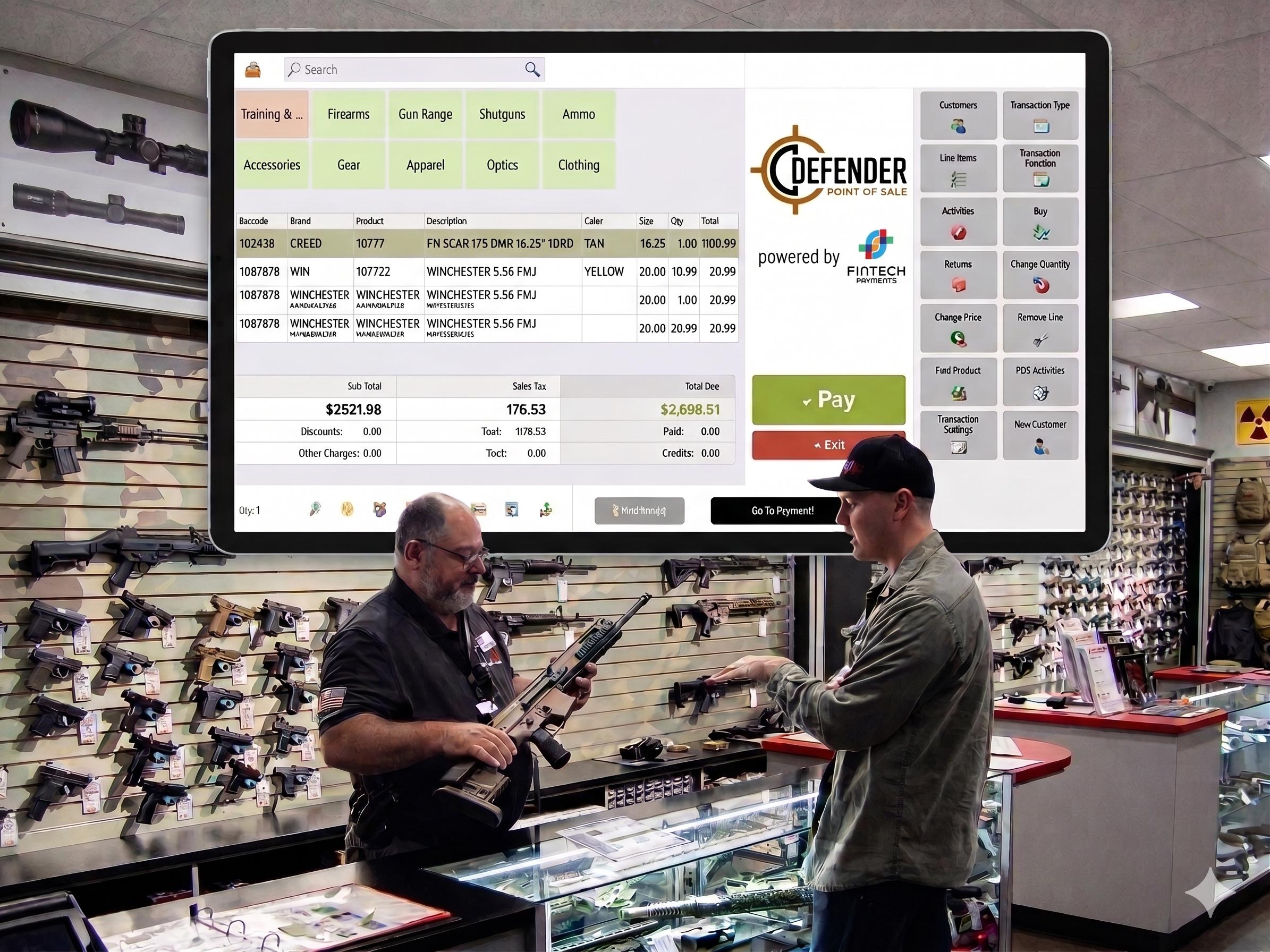 Defender POS in use at a gun store counter. clerk completing a firearm sale with a customer holding a rifle, with the Defender POS register interface displayed showing line items, total, and the 'powered by FinTech Payments' co-brand