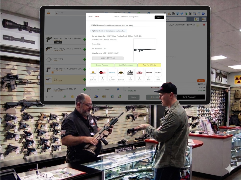 Defender POS in use at a gun store counter. A clerk shows a rifle to a customer while the Defender POS screen displays product distribution and distributor sourcing, powered by FinTech Payments